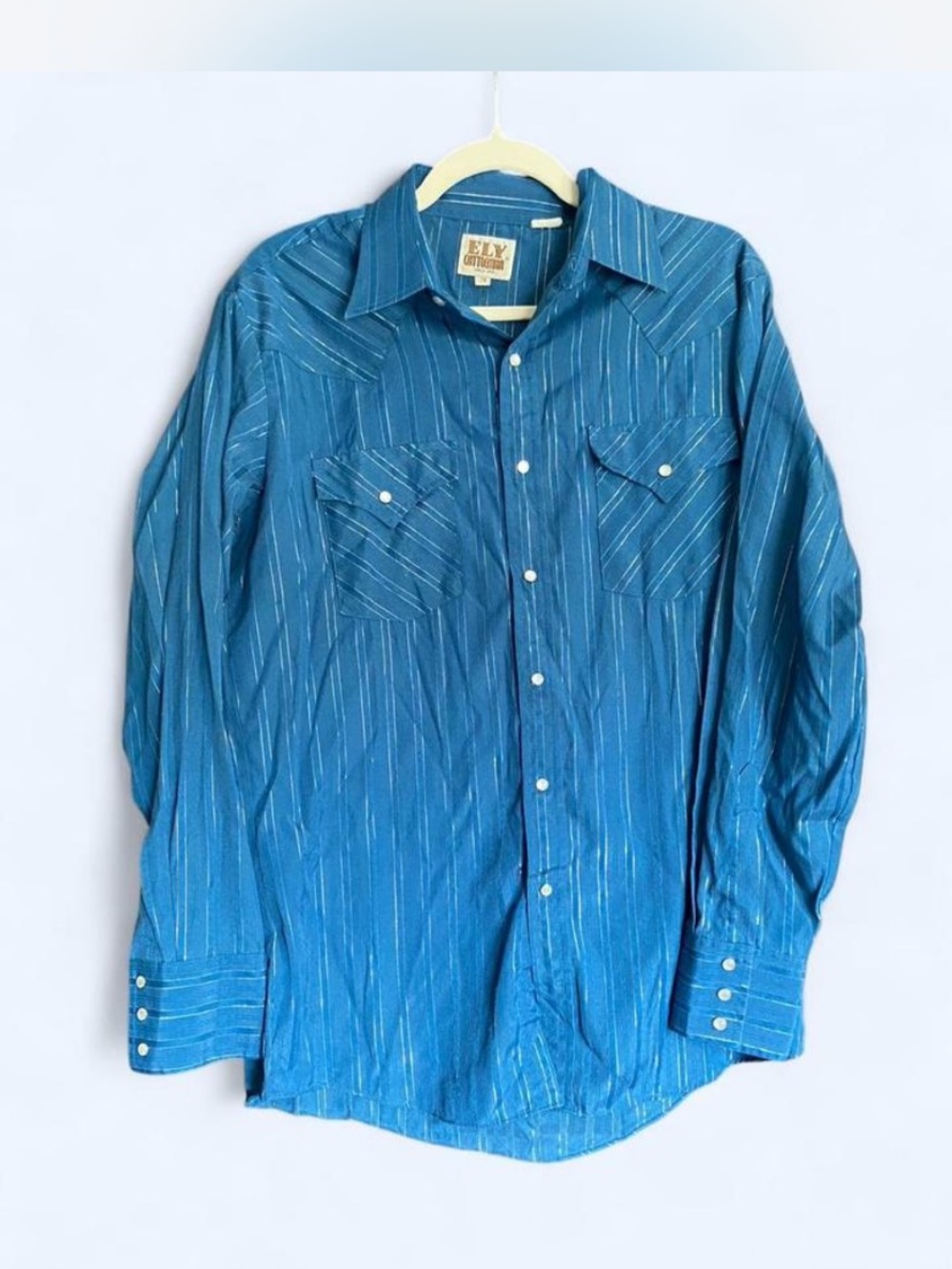 Vintage Ely Cattleman Blue Gold Lurex Pinstripe Western Pearl Snap Shirt Medium